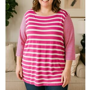 2/$30 CJ Banks 1X Plus Womens Pink Striped 3/4 Sleeve Scoop Neck Tunic Top